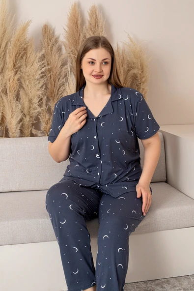 Büyük Beden  Kısa Kollu Milan Gömlek Pijama Takımı- Genç Anne Serisi - 10