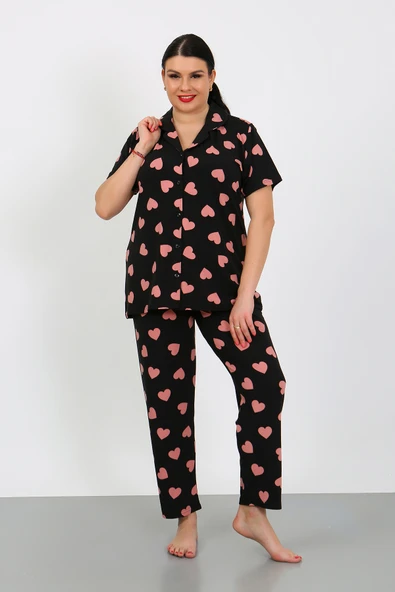Büyük Beden  Kısa Kollu Milan Gömlek Pijama Takımı- Genç Anne Serisi - 8