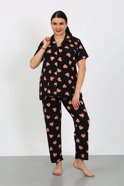 Büyük Beden  Kısa Kollu Milan Gömlek Pijama Takımı- Genç Anne Serisi - 9