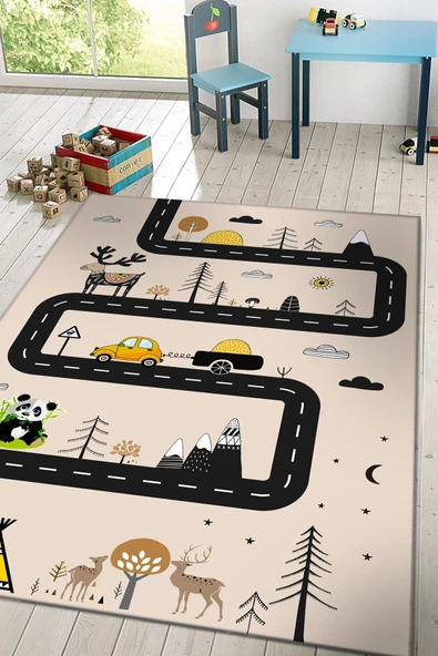 Frenda Home Yol Desenli Kaymaz Deri Taban Yıkanabilir Çocuk Oyun Halısı  KREM 160X230