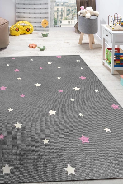 Frenda Home Yıldız Desenli Kaymaz Deri Taban Çocuk Ve Bebek Odası Halısı  PEMBE 80X200