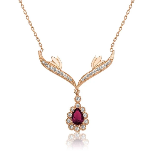 Gümüş Rose Kırmızı Taşlı Madalyon Bayan Kolye ürün görseli