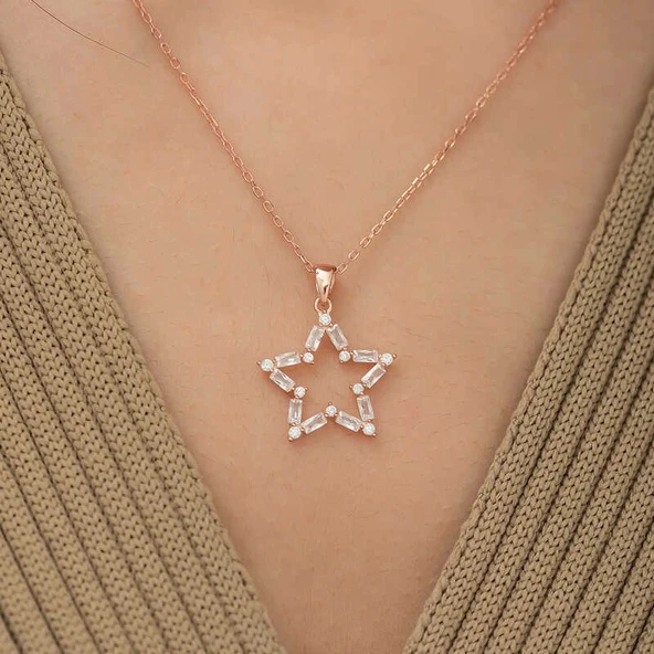 Gümüş Rose Baget Taşlı Yıldız Kolye - 2