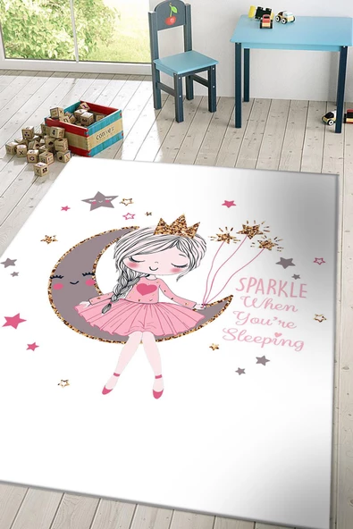 Frenda Home Aykız Desenli Kaymaz Deri Taban Yıkanabilir Kız Çocuk Halısı  BEYAZ 100X300