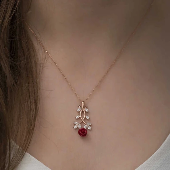 ​Gümüş Rose Kırmızı Gül Kolye - Resim 2