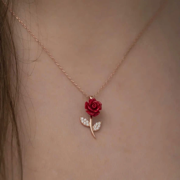 ​Gümüş Rose Kırmızı Gül Kolye - Resim 3