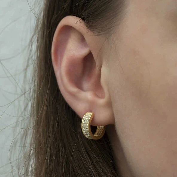 Gümüş Gold Sıra Taşlı Halka Küpe - Resim 3