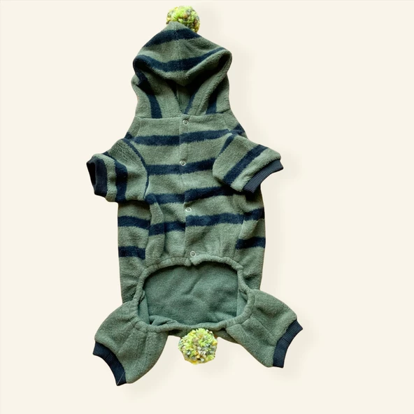 Ponponlu Yeşil Siyah Çizgili Köpek Tulumu Köpek Kıyafeti - 4