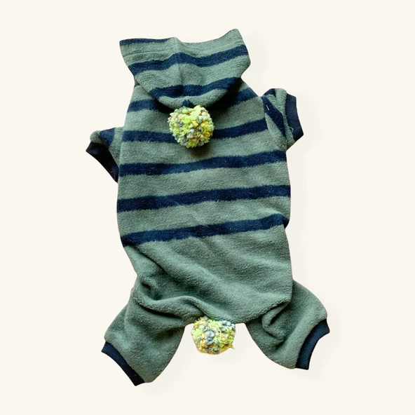 Ponponlu Yeşil Siyah Çizgili Köpek Tulumu Köpek Kıyafeti - 5