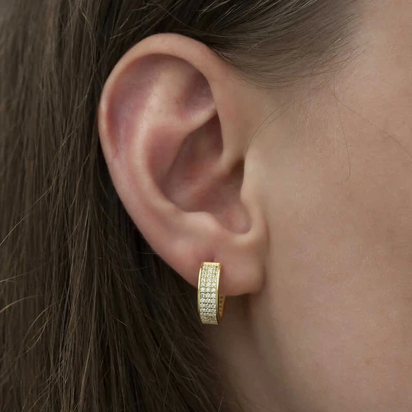 Gümüş Gold Sıra Taşlı Halka Küpe - Resim 2