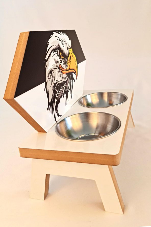 Ahşap Köpek Kedi Mama ve Su Kabı Siyah Beyaz Kartal Baskılı - 2