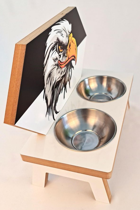 Ahşap Köpek Kedi Mama ve Su Kabı Siyah Beyaz Kartal Baskılı - 3