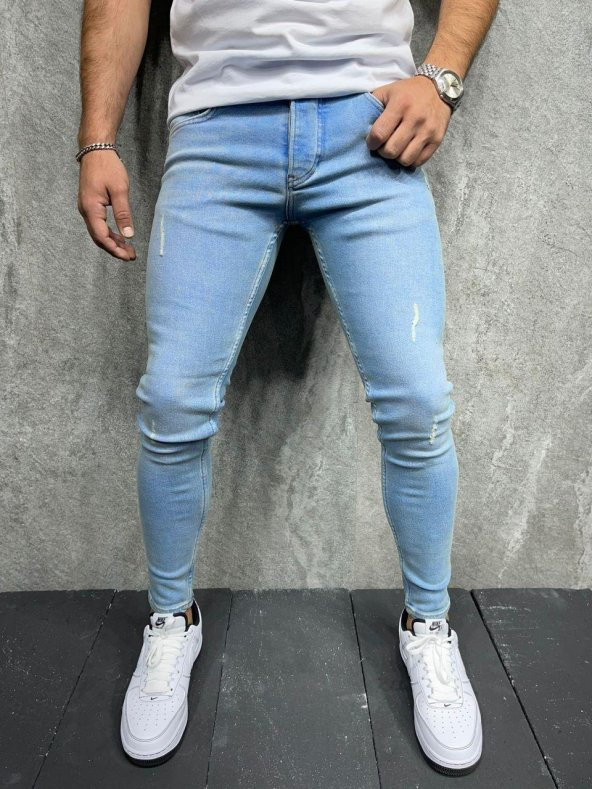 Erkek Buz Mavi Lazer Çizme Slim Fit Kot Pantolon
