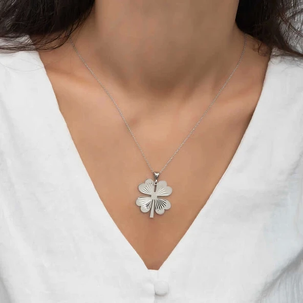 Gümüş Dört Yaprak Yonca Bayan kolye - Resim 2