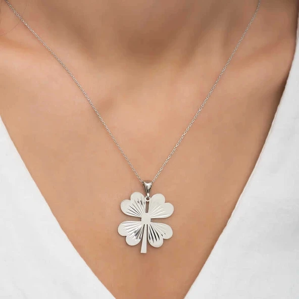 Gümüş Dört Yaprak Yonca Bayan kolye - Resim 3