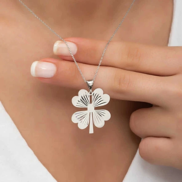 Gümüş Dört Yaprak Yonca Bayan kolye - Resim 6