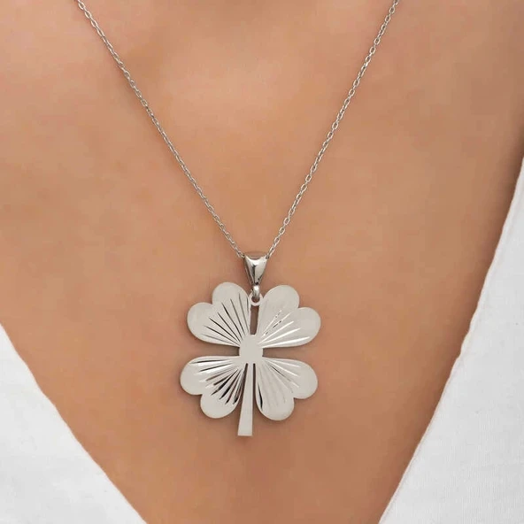 Gümüş Dört Yaprak Yonca Bayan kolye - Resim 5