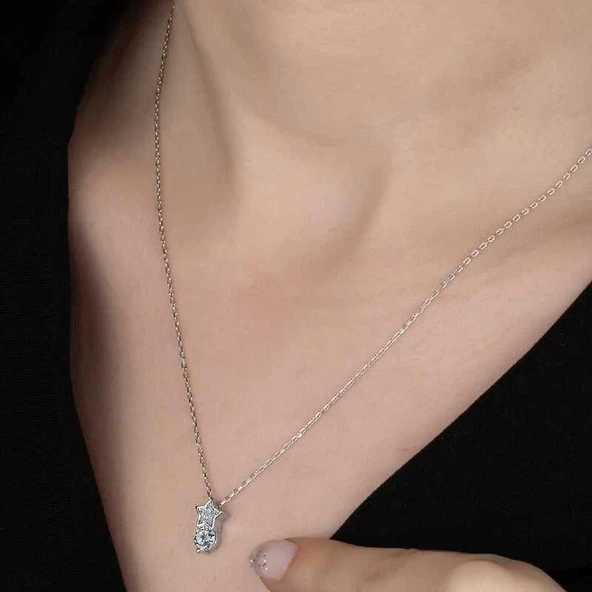 Swarovski Taşlı Gümüş Yıldız Tektaş Bayan Kolye - Resim 2