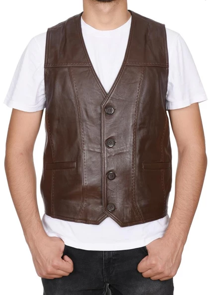 Punto Dikişli Fındık Renk Spor Deri Yelek - 7