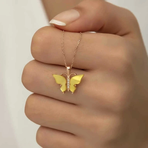 Gümüş Rose Sarı Kaplangözü Taşlı Kelebek Kolye - Resim 6