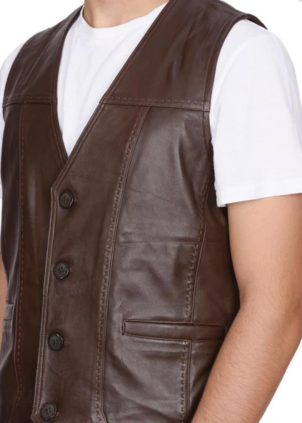 Punto Dikişli Fındık Renk Spor Deri Yelek - 5