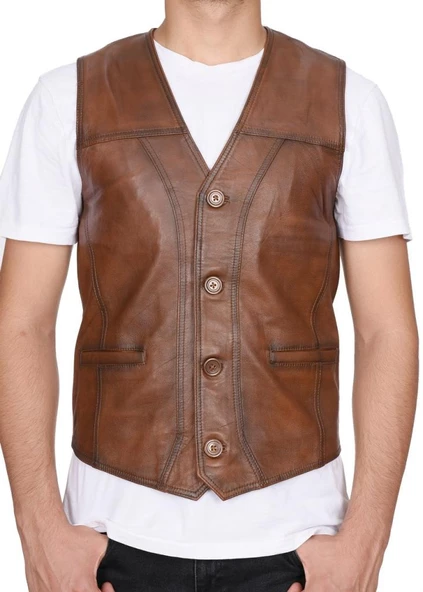 Arkası Kemerli Spor Kesim Taba Renk Erkek Deri Yelek - 3