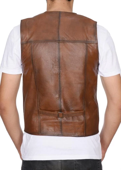 Arkası Kemerli Spor Kesim Taba Renk Erkek Deri Yelek - 2