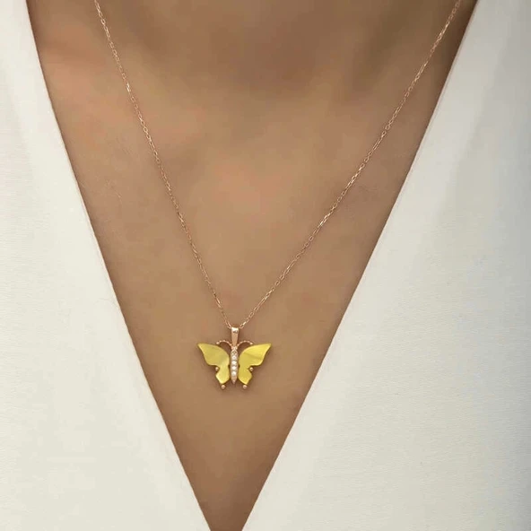 Gümüş Rose Sarı Kaplangözü Taşlı Kelebek Kolye - Resim 3
