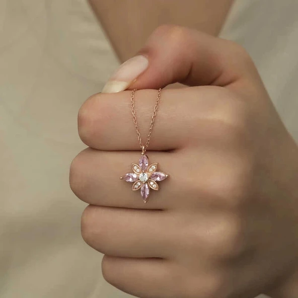Gümüş Rose Pembe Taşlı Umut Çiçeği Kolye - Resim 6