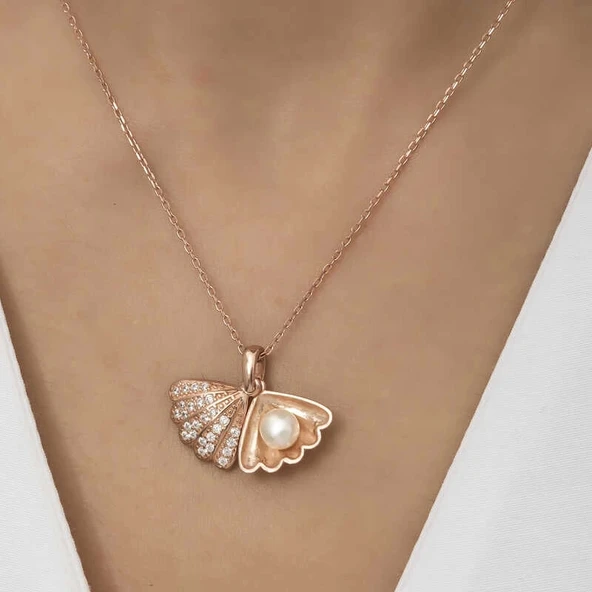 Gümüş Rose İncili İstiridye Bayan Kolye - Resim 3