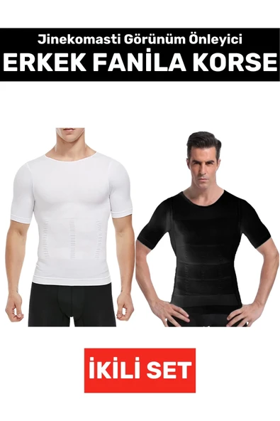 Jinekomasti Dik Duruş Düzeltici Göbek Sıkılaştırıcı Elastik Erkek Fanila Korse Siyah-Beyaz İkili Set