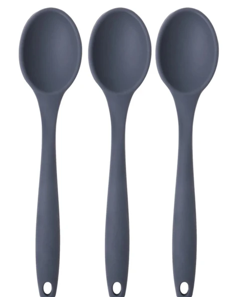 PinkRose Büyük Boy Yanmaz Yapışmaz Antrasit Silikon Kaşık Set 3 Lü Antrasit