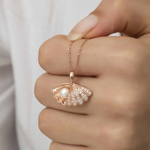 Gümüş Rose İncili İstiridye Bayan Kolye - Resim 6