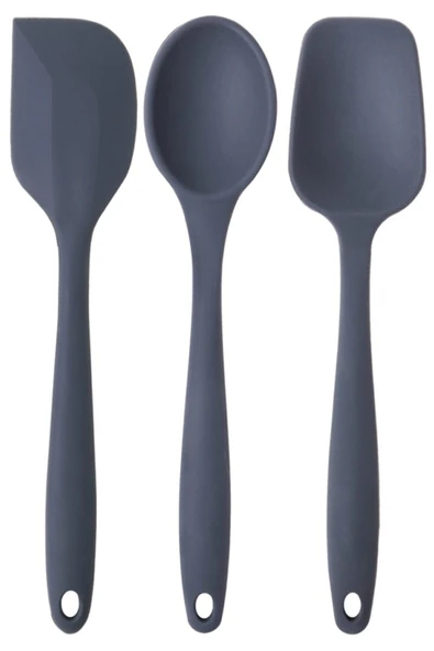PinkRose Büyük Boy Antrasit Silikon Spatula + Kaşık Set 3 lü