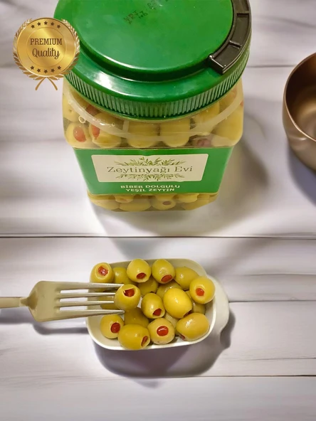 Yöresel Lezzetler Biber Dolgulu Doğal Tatlandırılmış Yeşil Zeytin (Kaya Tuzu-Su) 900 Gram - 6