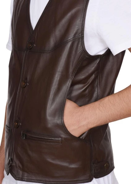 Klasik Ve Spor Model Fındık Renk Deri Yelek - 5