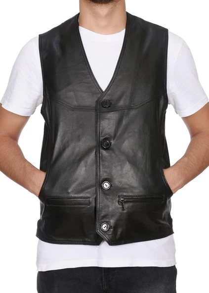 Klasik Ve Spor Model Siyah Renk Deri Yelek - 4