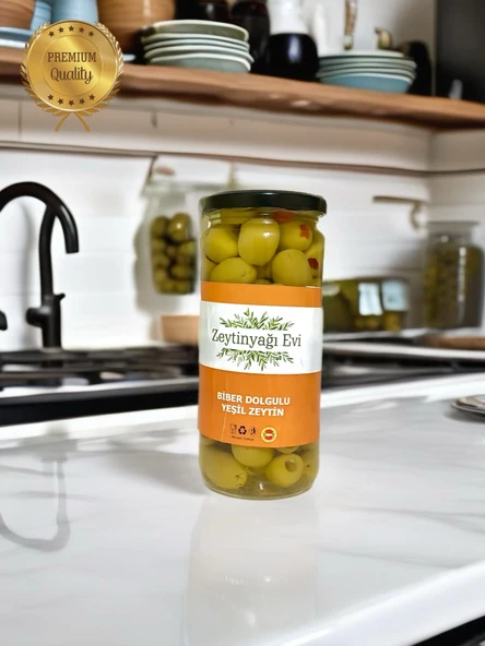 Yöresel Lezzetler Biber Dolgulu Doğal Tatlandırılmış Yeşil Zeytin (Kaya Tuzu-Su) 300 Gram - 2