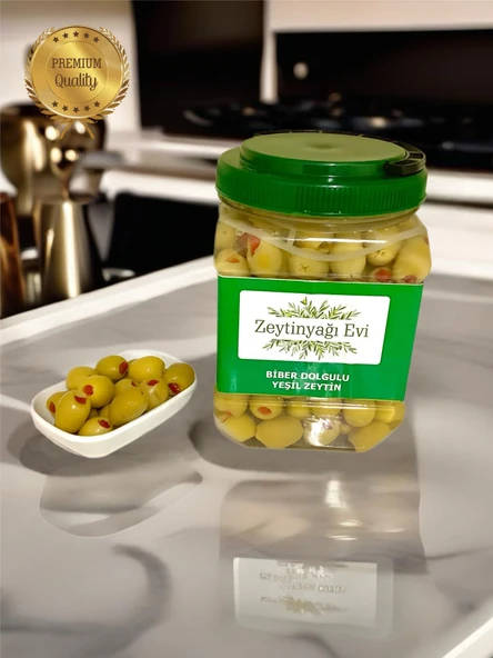 Yöresel Lezzetler Biber Dolgulu Doğal Tatlandırılmış Yeşil Zeytin (Kaya Tuzu-Su) 900 Gram - 7
