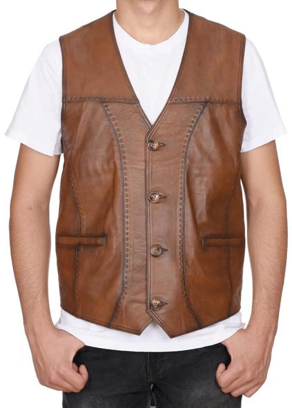 Punto Dikişli Taba Renk Spor Deri Yelek - 2