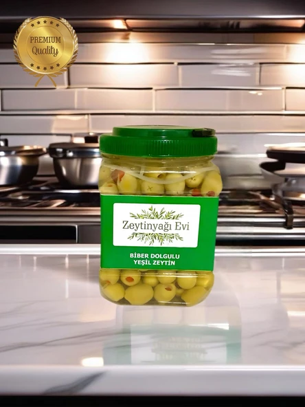 Yöresel Lezzetler Biber Dolgulu Doğal Tatlandırılmış Yeşil Zeytin (Kaya Tuzu-Su) 900 Gram - 4