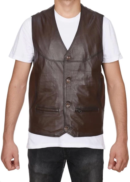 Klasik Ve Spor Model Fındık Renk Deri Yelek - 10