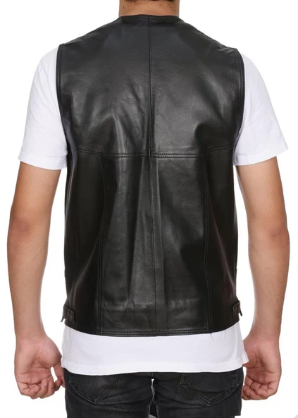 Klasik Ve Spor Model Siyah Renk Deri Yelek - 3