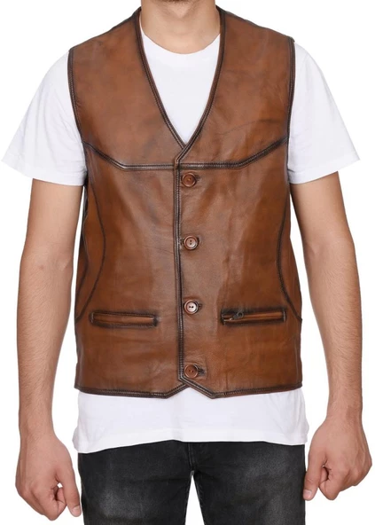 Taba Renk Klasik Ve Spor Model Deri Yelek - 4