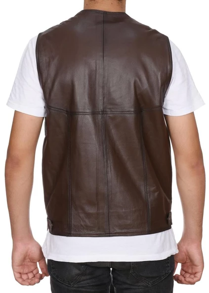 Klasik Ve Spor Model Fındık Renk Deri Yelek - 3