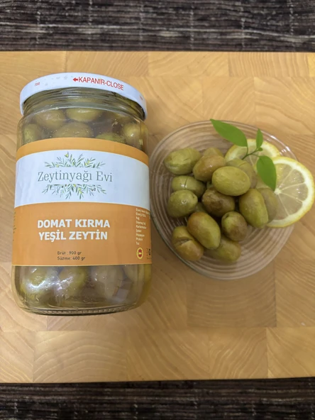 Yöresel Doğal Tatlandırma El Kırması Domat Sofralık Yeşil Zeytin İri Kalibre Cam Kavanoz 900 gram