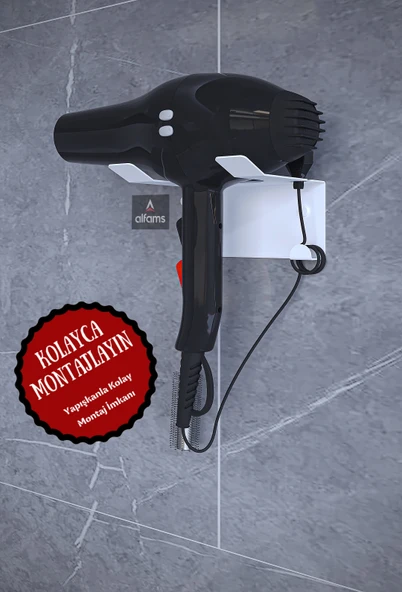 Beyaz Saç Kurutma Makinesi Tutacağı, Banyo Lavabo Fön Makinesi Askısı Ultra Güçlü Yapışkanlı Beyaz