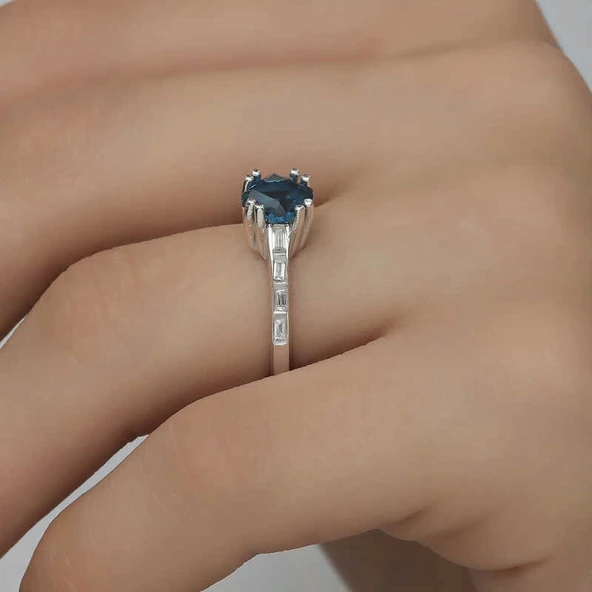 Gümüş Mavi Baget Tek Taş Kadın Yüzük - 4