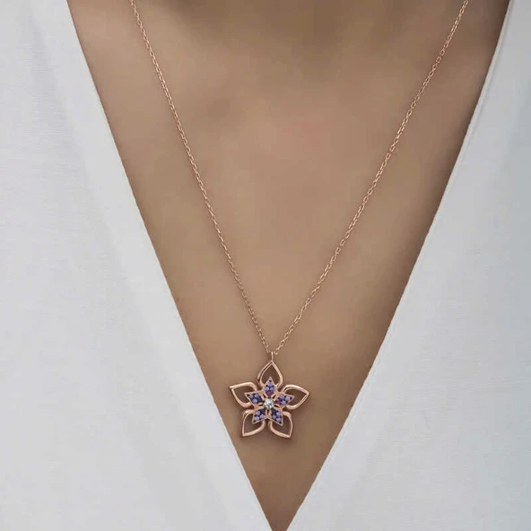 ​Gümüş Rose Çiçek Kadın Kolye - Resim 4