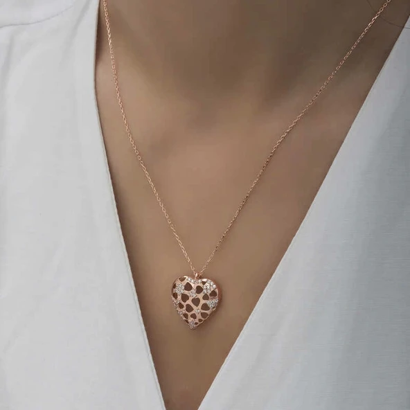 Gümüş Rose Bombeli Kalp Kadın Kolye - 5